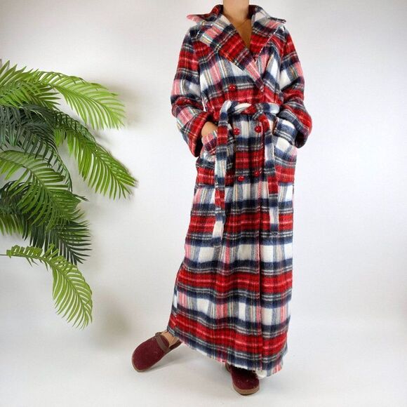 Vintage 70s Sears Red Flannel Cozy Cabincore Full Length Belted House Robe / M/L - Picture 5 of 8